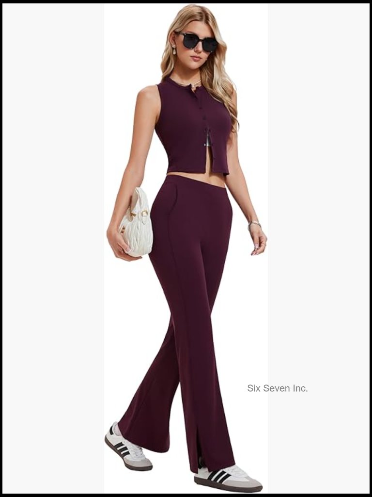 Ribbed Knit 2 Piece Workout Set Crop Top High Waisted Flare Pants Lounge
